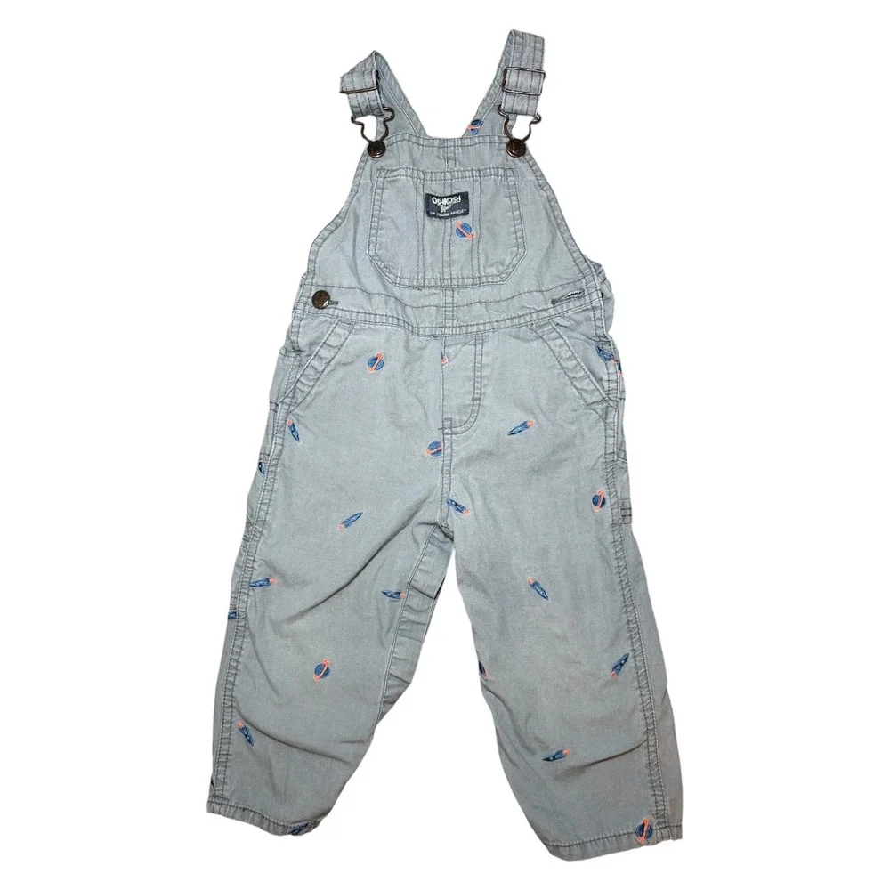 OshKosh B'gosh Baby Overalls 24M Gray Space Rocket Planet Embroidered Cotton
